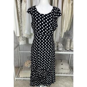 Metrostyle Women's Size 8 Black Polka Dot Ruffle Hem Midi Dress #0417